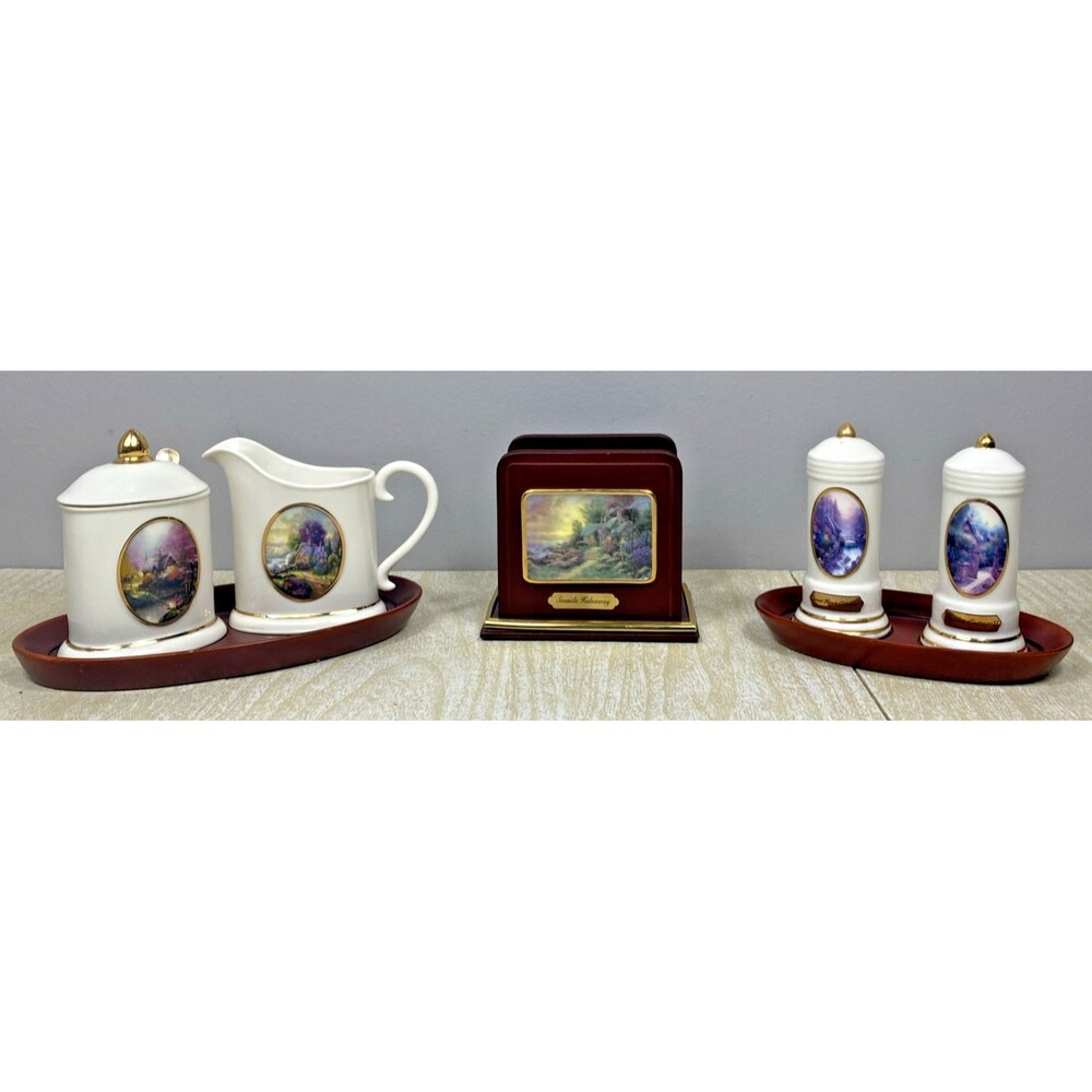 Thomas Kinkade Avon Salt & Pepper Shakers / Sugar & Creamer / Napkin Holder